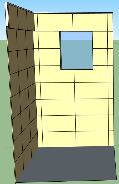 Ritning av ett rum med ljusa plattor på väggarna och ett centralt placerat fönster på en av dem. En mörkare plattsatt vägg till vänster är också synlig.