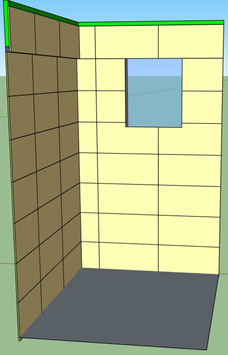 3D-modell av duschhörna med ljusgula och bruna plattor, fönster i mitten av väggen och grått golv. Plattor ej centrerade mot fönstret.