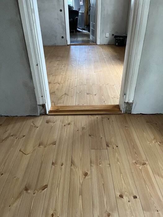 Nyinstallerat trägolv i två rum med perfekt linjering över tröskeln, omgivna av blöta, nypassade väggar i ett renoveringsprojekt.