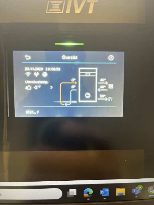 Skärmbild av en värmepumpdisplay från IVT som visar översikt av systemets temperaturvärden och symboler för utomhustemperatur och rörledningstemperaturer.