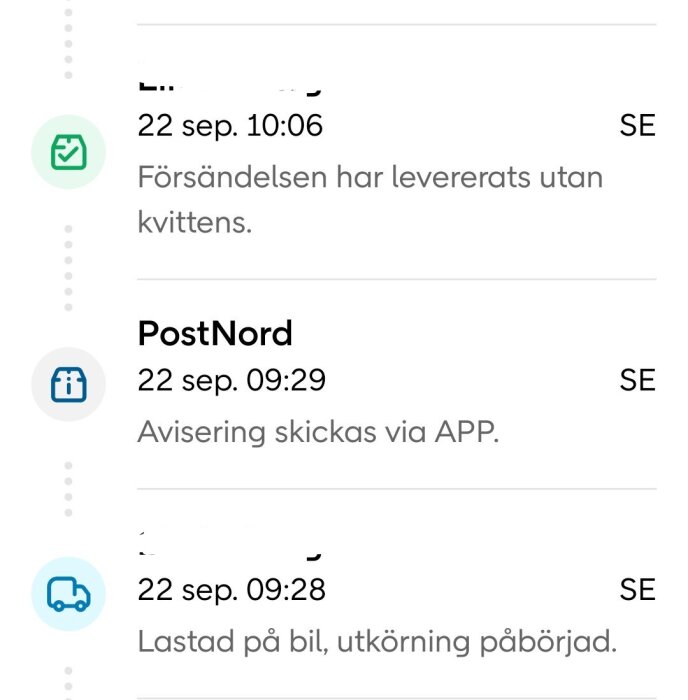Leveransstatus från PostNord visar paketet som lastat på bil och aviserat via app med leverans utan kvittens, 22 sep kl. 09:28-10:06.