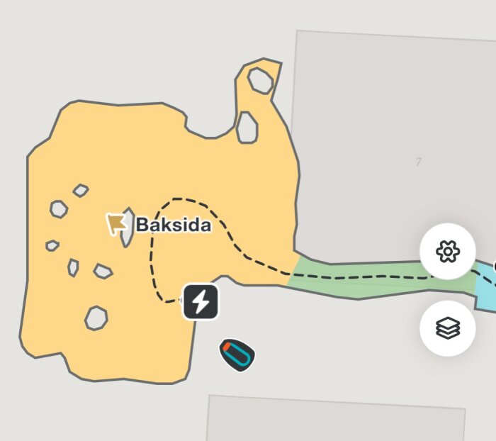 Karta med markerad "Baksida", en streckad linje, ikoner och symboler. Möjligen relaterad till GPS-problem i navigering eller zonangivelser.