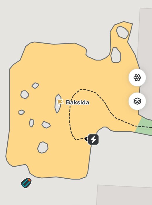 Karta över en zon med markeringar och texten "Baksida", visar möjliga GPS-positioneringsproblem.