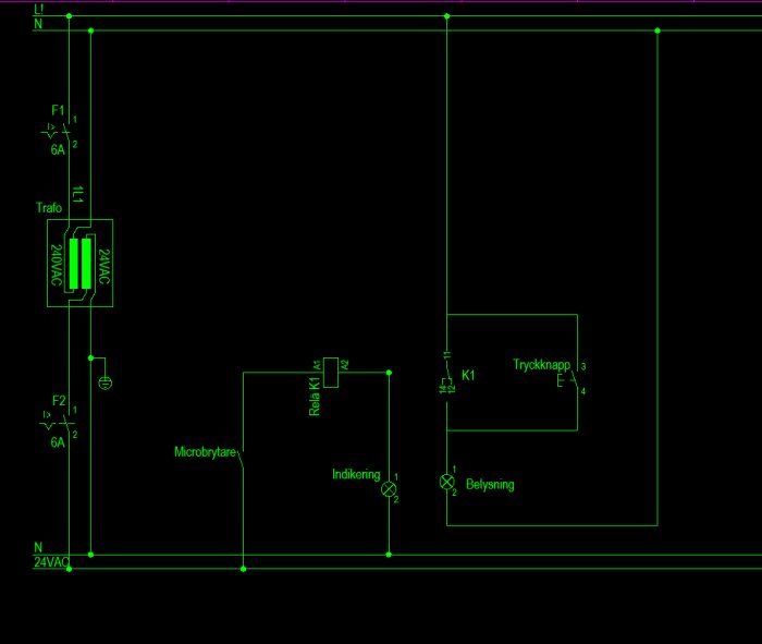 El-schema med transformator, mikrobyte, relä K1 och tryckknapp med belysning och indikering, 24VAC kretsar.
