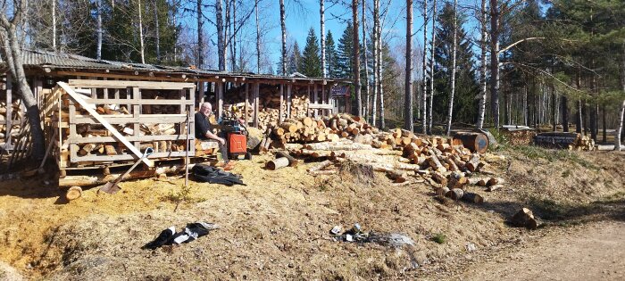 Man sitter på bänk vid vedhög, omgiven av vedträn och trädsnår. En vedbod i bakgrunden under solig himmel.
