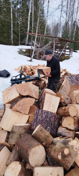 Man klyver ved med vedklyv i en snötäckt skogsmiljö, omgiven av högar av ved och träd i bakgrunden.