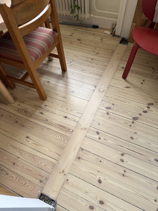 Furugolv med en tvärgående bräda och saknade golvbrädor vid väggens fot, mellan två stolar, i ett rum med originalgolvet framtaget och behandlat.