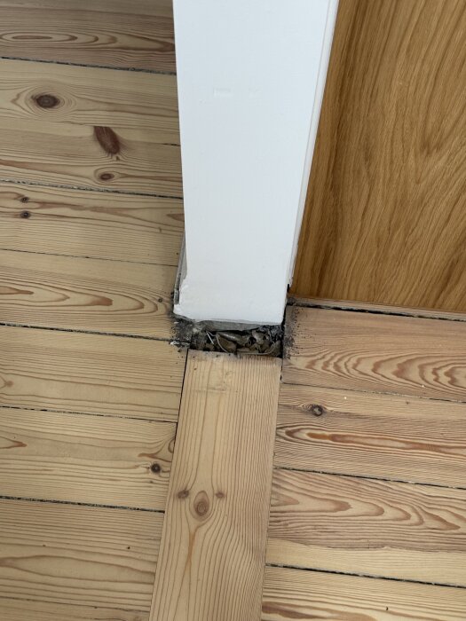 Golv av furu med en bräda som ligger tvärs över och saknade brädor vid väggen där en vägg har rivits, vilket orsakat golvstörning.