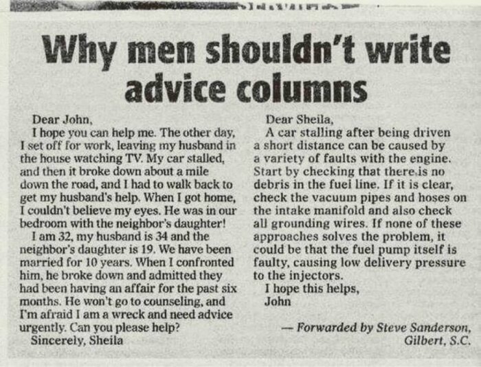 Textbild med en tidningsartikel: "Why men shouldn’t write advice columns". Artikeln visar ett humoristiskt brevväxlingsexempel mellan John och Sheila om relations- och bilproblem.