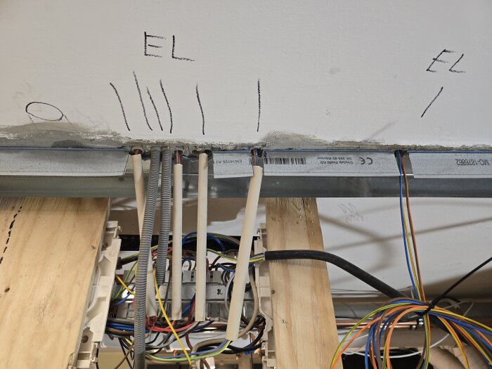 Bild på stålskena med genomförda elrör och kablar, märkta med text "EL" på väggen. Träskivor och kopplingsbox syns nedanför.