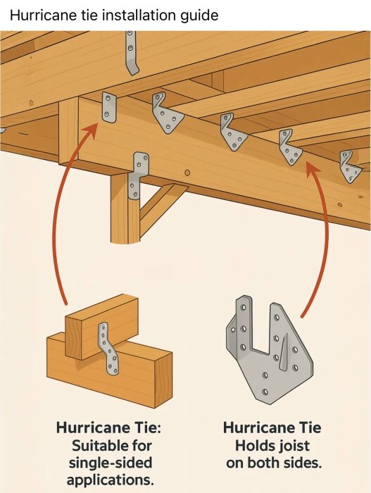 Illustration av montering av orkanbeslag på träkonstruktion, visar både ensidiga och dubbelsidiga applikationer.
