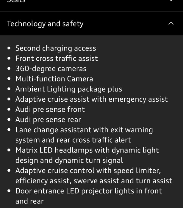 Lista över teknologi- och säkerhetsfunktioner i Audi, inklusive 360-kameror och pre-sense system, från myaudi-appen.