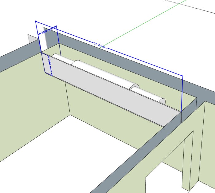 3D-ritning av en konstruktion med exponerade ventilationsrör i taket, omgivna av väggar. Visar mått och layout för att bygga in rören.