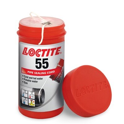 Behållare med Loctite 55 gängtätningssnöre för tätning av rör.