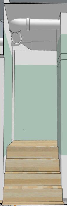 Trapphus med exponerat ventilationsrör i taket, del av FTX-installation; amatörritad skiss för byggprojektidéer.