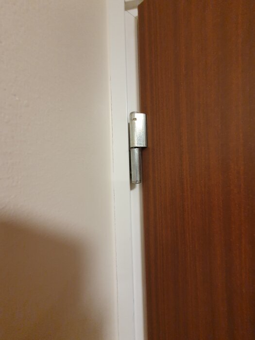 Närbild av en dörrgångjärn på en brun dörr monterad i en vit dörrkarm, diskussion om justering av dörren för att förhindra att den slår i tröskeln.