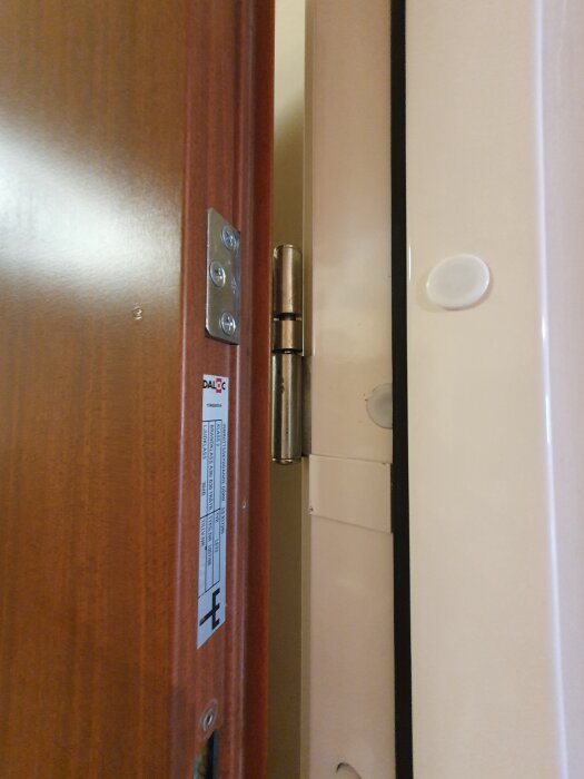 Dörrgångjärn närbild, dörr och karm, problem med att dörren slår i tröskeln och låset är svårt att låsa, inlägg diskuterar justering.