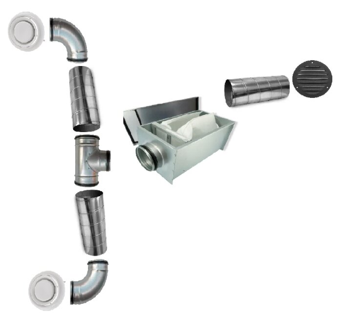 Material för ventilation: rör, ventiler och en plåtbox för till- och frånluftsystem monterade ovanvåningen.