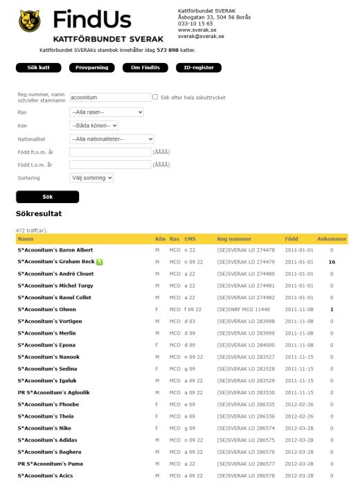 Sökresultat från SVERAKs stamregister visar 472 katter, inklusive S*Aconitum's Maine Coon-katter med detaljer som födelsedatum och registreringsnummer.