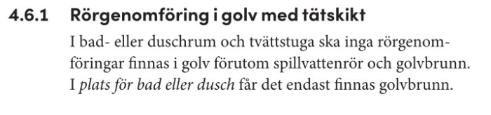 Rörgenomföringsregler för våtrumsgolv, endast spillvattenrör och golvbrunn är tillåtna enligt punkt 4.6.1.