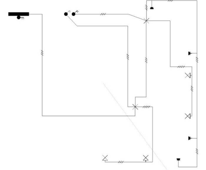 Elritning med kopplingsschema som visar ledningar och anslutningar för en elinstallation, inklusive strömbrytare och uttag.