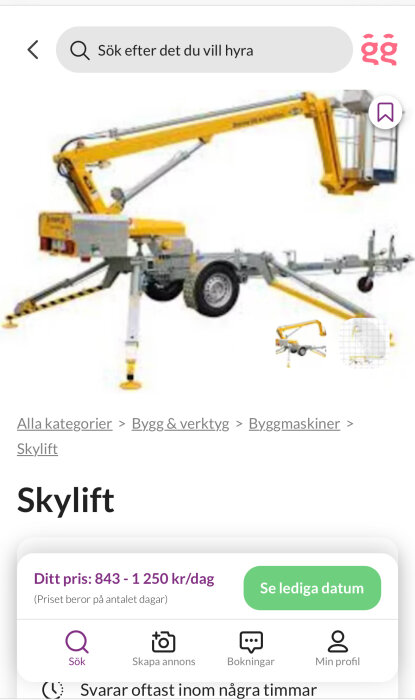 Släpvagnsmonterad skylift med stödben och dragkrok, visas för uthyrning med prisinformation.