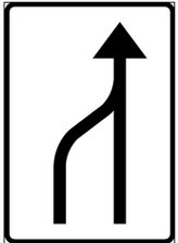 Vägmärke som visar sammanflätning av körfält, ett körfält ansluter till ett annat.