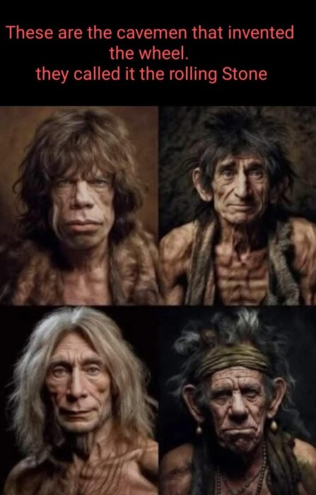 Tecknade grottmänniskor med humoristisk text om hjulets uppfinning som "rolling stone".
