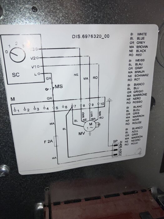 Ritning av ett fläktsystem med kretskopplingar och färgkoder, modellnummer DIS.6976320_00, visande potentiella kopplingsproblem.