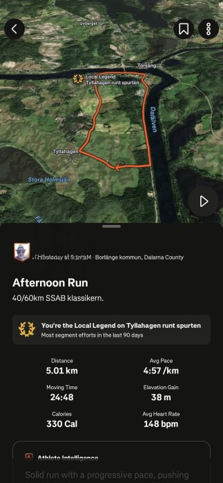 Satellitkarta över löprutt vid Torsång och Tyllahagen, Dalarna, med statistik: Distans 5,01 km, genomsnittlig hastighet 4:57/km, förbrända kalorier 330.