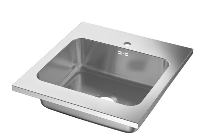 Rostfri diskho från IKEA, modell AMERÅN, med avloppshål och kranhål, lämplig för köksinstallation.