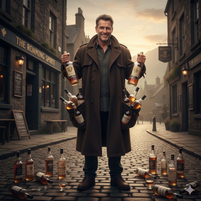 Man på kullerstensgata med flera whiskyflaskor i rockfickorna framför puben "The Roaming Spirit".