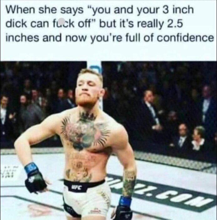 En man står självsäkert i en MMA-ring, barbröstad med tatueringar, omgiven av publik, medan en text med ett humoristiskt meddelande syns ovanför.