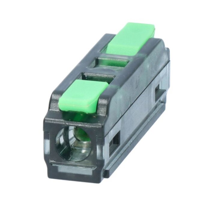 Skarvklämma Necore 1-pol 0,2–2,5 mm² i plast med gröna tryckknappar, användbar för att laga avskurna kablar i ventilationsrör.