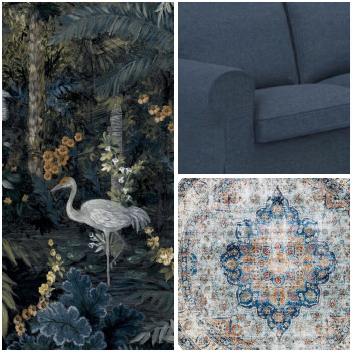 Tapet med fågel och växter, mörkblå soffa och mönstrad matta i kollage.