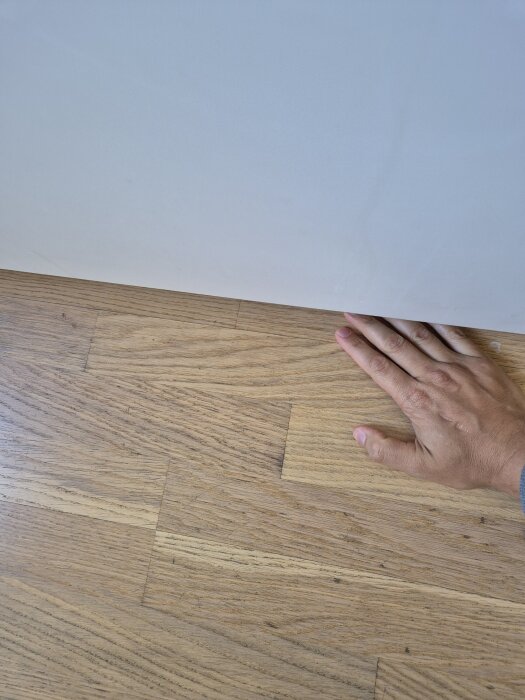 Hand på trägolv framför vit vägg, diskussion om projicering.