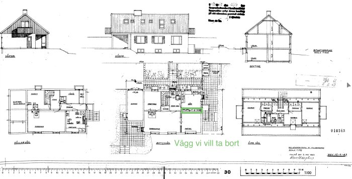 Arkitektritning av ett hus från 1960-talet med markerad vägg mellan kök och matsal som önskas rivas för ett öppnare entréplan.