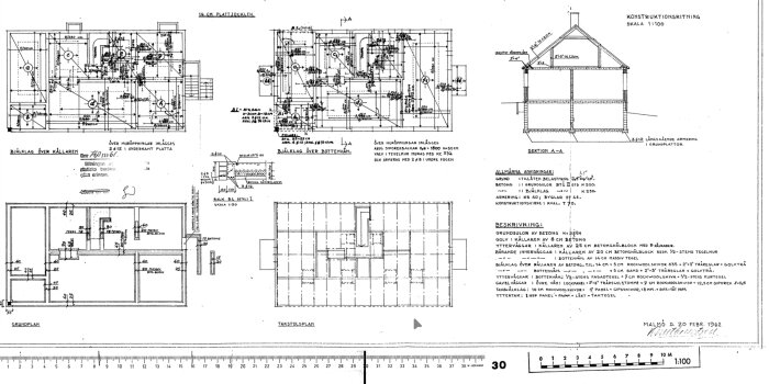 Konstruktionsritning av ett stenhus från 1960-talet med fokus på bjälklag och sektionering, diskuterar en potentiellt bärande vägg.
