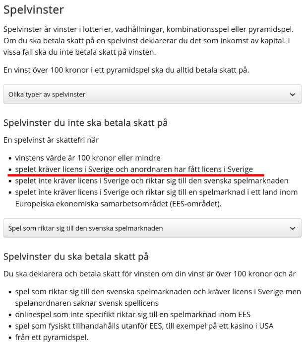 Bild av regler för beskattning av vinster i lotterier och spel, med kriterier för när skatt inte behöver betalas, inklusive spel med licens i Sverige.