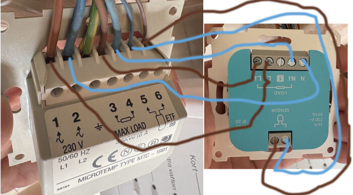 Bild av ett gammalt termostat med flera kablar anslutna, jämte ett nytt Plejd TRM-01 termostat för elinstallation.