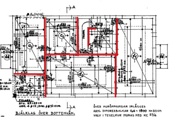 Ritning med markerade innerväggar i röd färg som enligt bjälklagsritningen bedöms vara bärande.