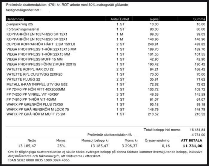 Faktura med ROT-avdrag detaljerar inköp av kopparrör och Viegaprodukter, totalbelopp 11 731 kr efter skattereduktion.