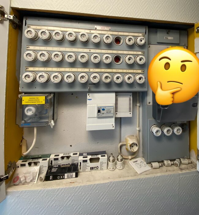 Gammaldags elcentral med porslinssäkringar och en digital elmätare i ett äldre hus, några oanvända proppar och skruvsäkringar ligger på hyllan.