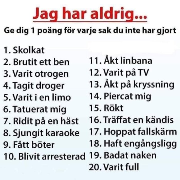 Jag har aldrig"-lista med 20 punkter, inklusive saker som skolkat, brutit ett ben, åkt linbana, och träffat en kändis. Få poäng för det du inte gjort.