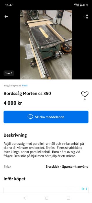 Bordssåg Morten CS 350 med parallell- och vinkelanhåll på en skena, placerad i ett verkstadsutrymme.