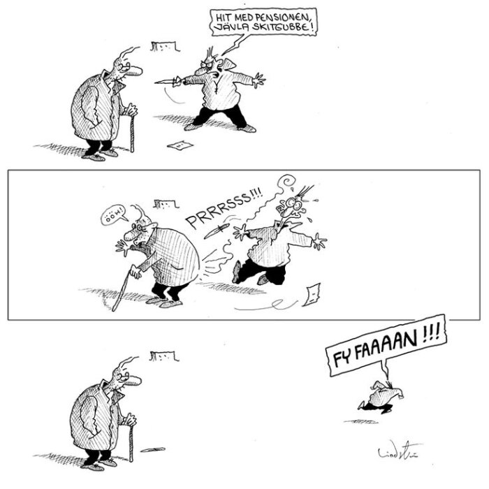 En tecknad serie med tre rutor där en ung man försöker råna en äldre man, som sedan fiser varpå rånaren flyr med ett utrop.