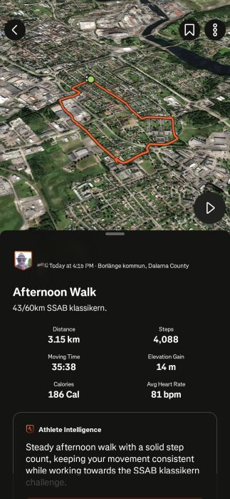 Karta över en 3,15 km lång promenadrutt i Borlänge, med statistik som steg, förbrända kalorier och genomsnittlig hjärtfrekvens.