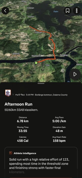 Skärmbild av en GPS-karta för en löprunda vid Torsång, Dalarna. Rundan är 6,78 km lång med en höjdökning på 48 m. Information säger "Afternoon Run".