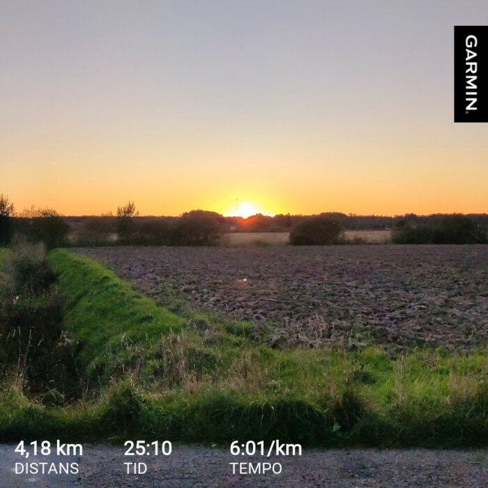 Solnedgång över åker, löprunda 4,18 km på 25:10 min med tempo 6:01/km, Garmin-logga synlig till höger.