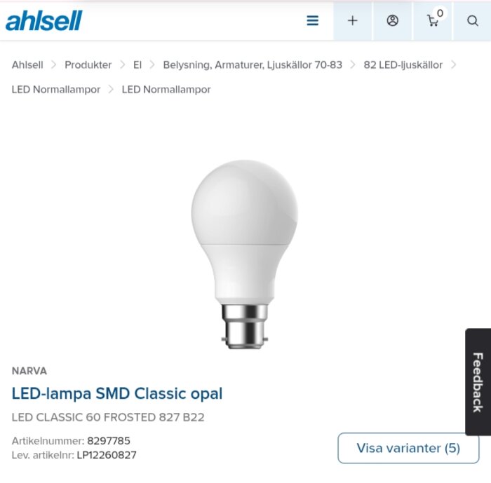 LED-lampa SMD Classic opal B22 sockel, produktbild från Ahlsell.